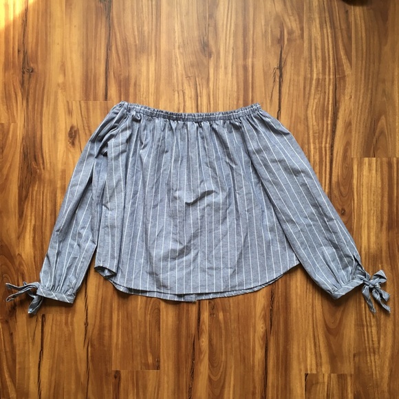 Gray off shoulder long sleeve shirt gray white stripe tie cuffs NORDSTROM BP - Picture 4 of 9